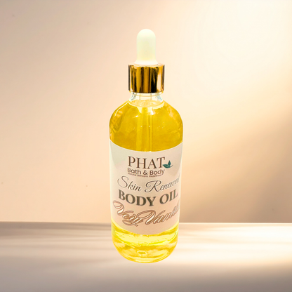 Bottle of PHAT Bath & Body body oil with a dropper on a gradient background