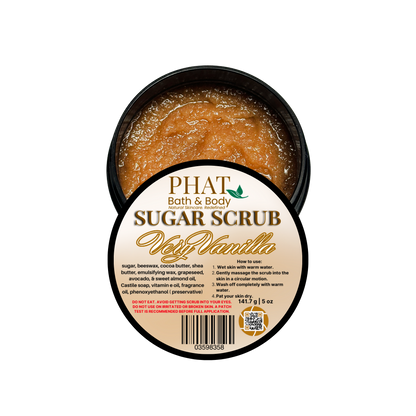 Container of vanilla sugar scrub with a label on a white background