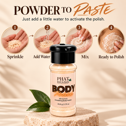 Four-step visual showing dry exfoliating powder sprinkled into the palm, mixed with a little water, and transformed into a creamy textured paste. Demonstrates how Phat Bath & Body powder body polish is prepared before exfoliation.