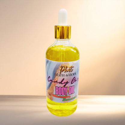 Bottle of body oil with a colorful label on a gradient background