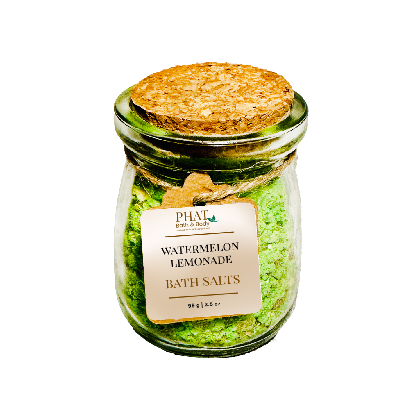 Jar of watermelon lemonade bath salts with a cork lid on a white background