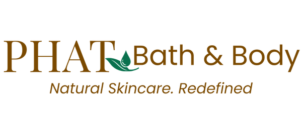 Logo of PHAT Bath & Body with a green leaf icon on a white background