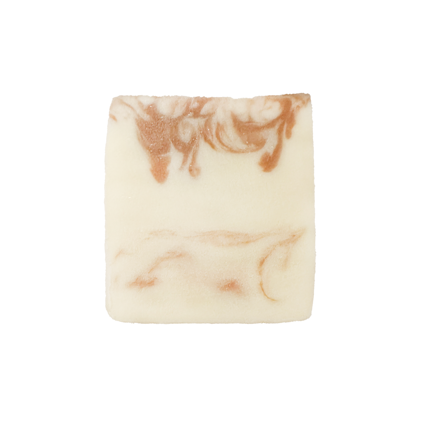 Marbled soap bar with brown and beige swirls on a white background