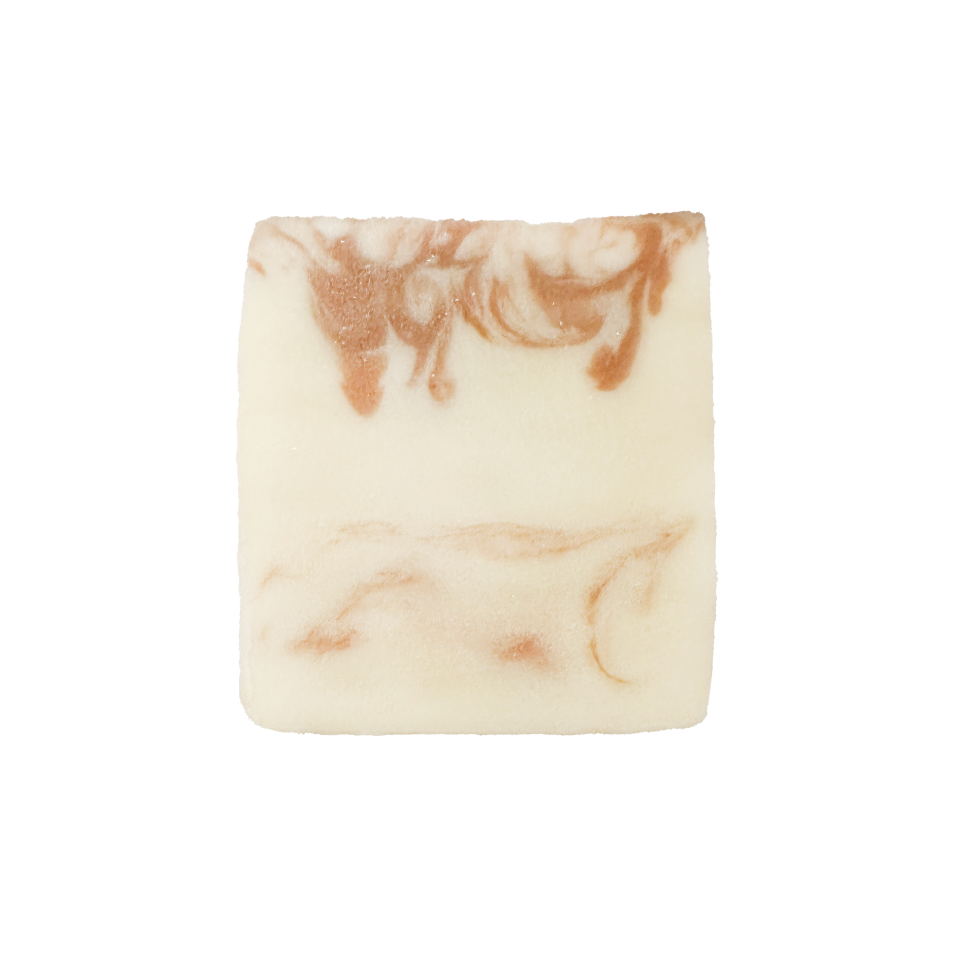 Marbled soap bar with brown and beige swirls on a white background