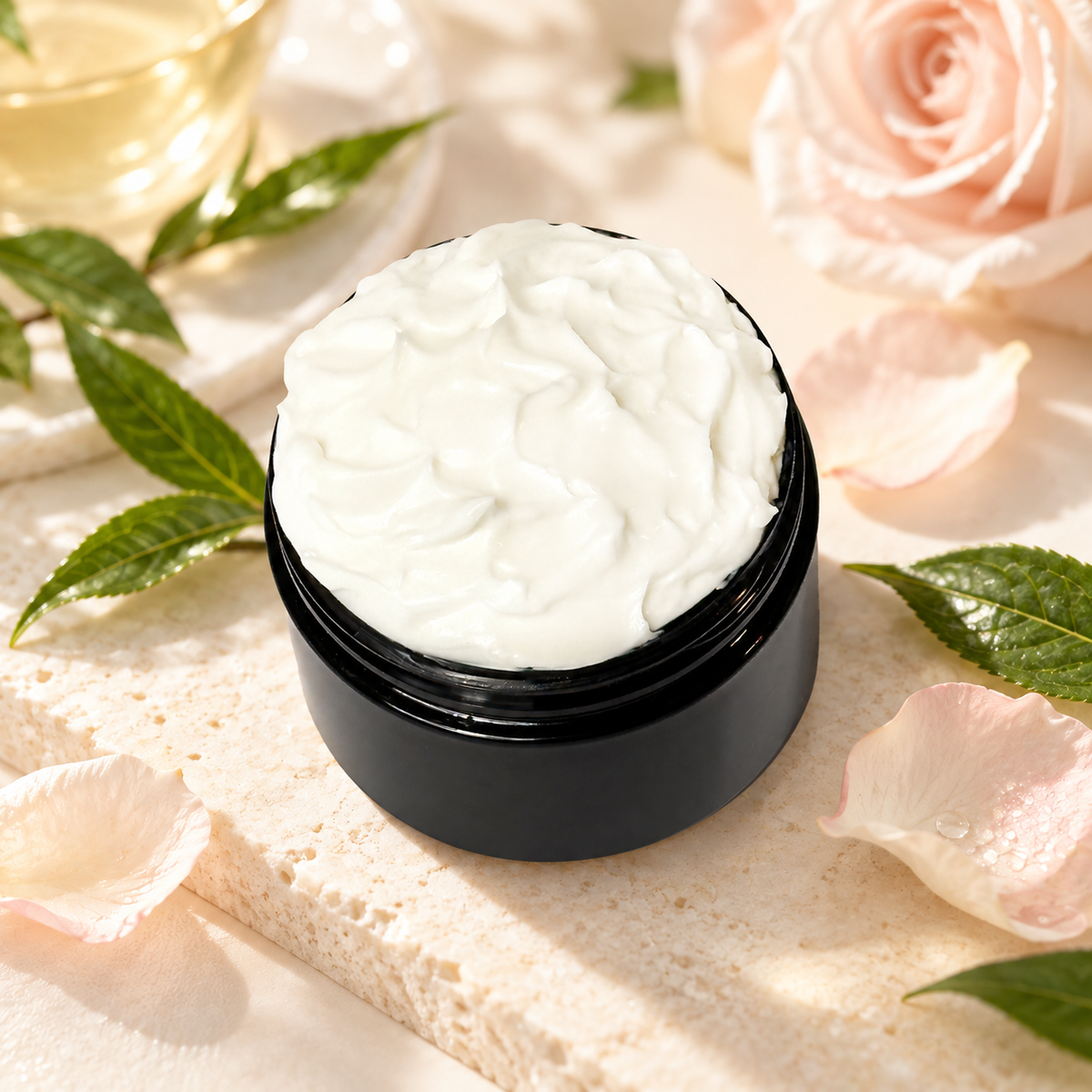 Open jar of Phat Bath & Body White Tea & Rose Body Lotion with white tea leaves, soft rose petals and clean botanical styling.