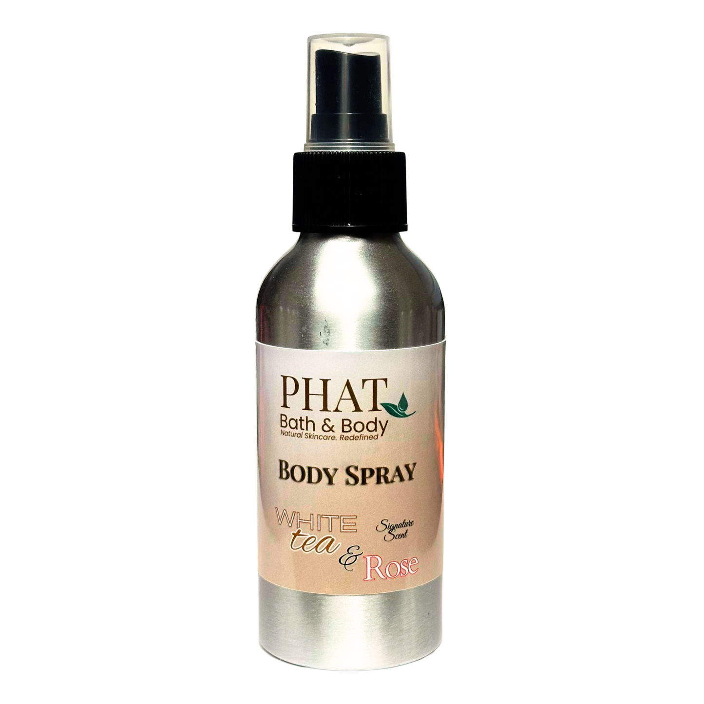 Body spray bottle labeled 'PHAT Bath & Body' with 'White Tea & Rose' scent on a white background
