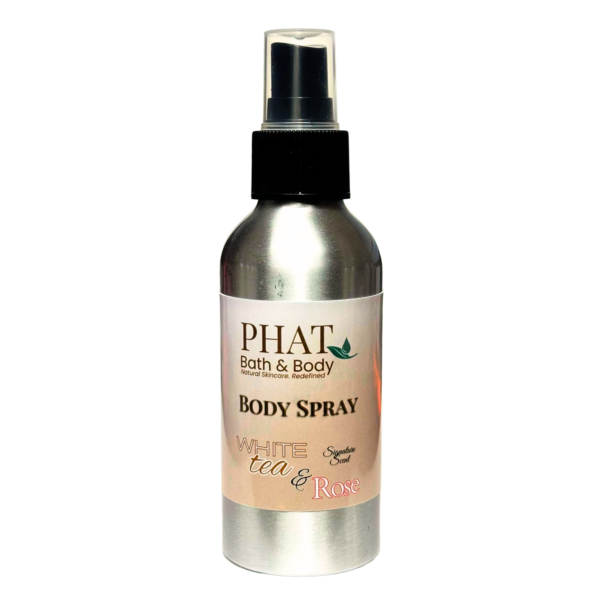 Body spray bottle labeled 'PHAT Bath & Body' with 'White Tea & Rose' scent on a white background