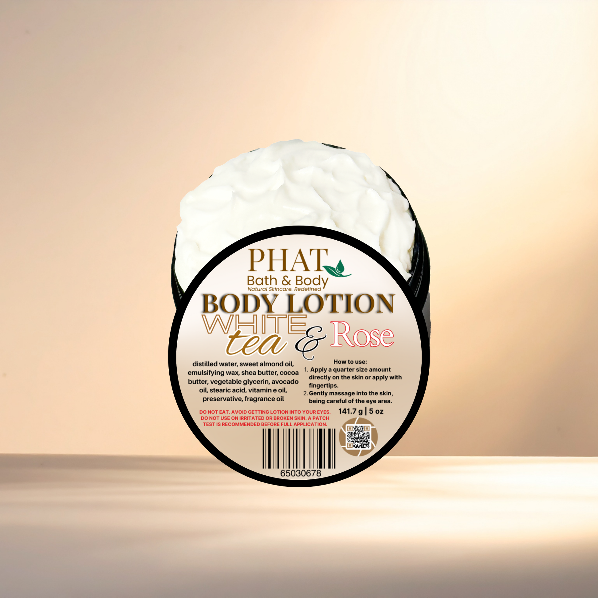 Body lotion container with 'Phat Bath & Body' branding on a gradient background