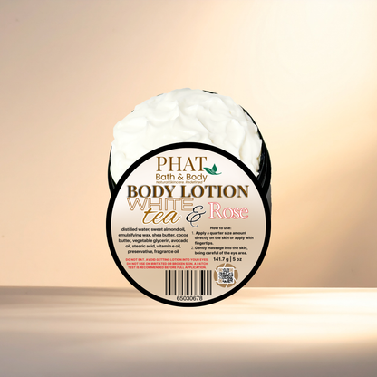 Body lotion container with 'Phat Bath & Body' branding on a gradient background