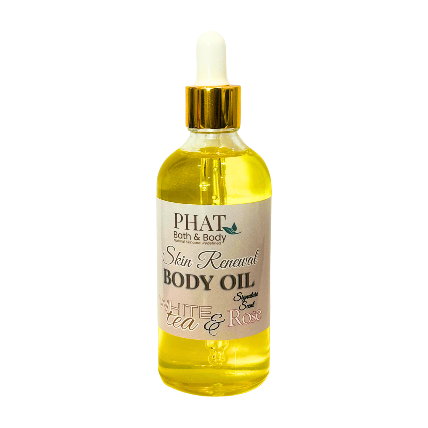 Bottle of Phat Bath & Body Skin Renewal Body Oil with a dropper on a white background