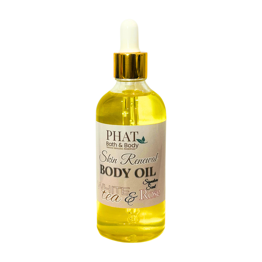 Bottle of Phat Bath & Body Skin Renewal Body Oil with a dropper on a white background