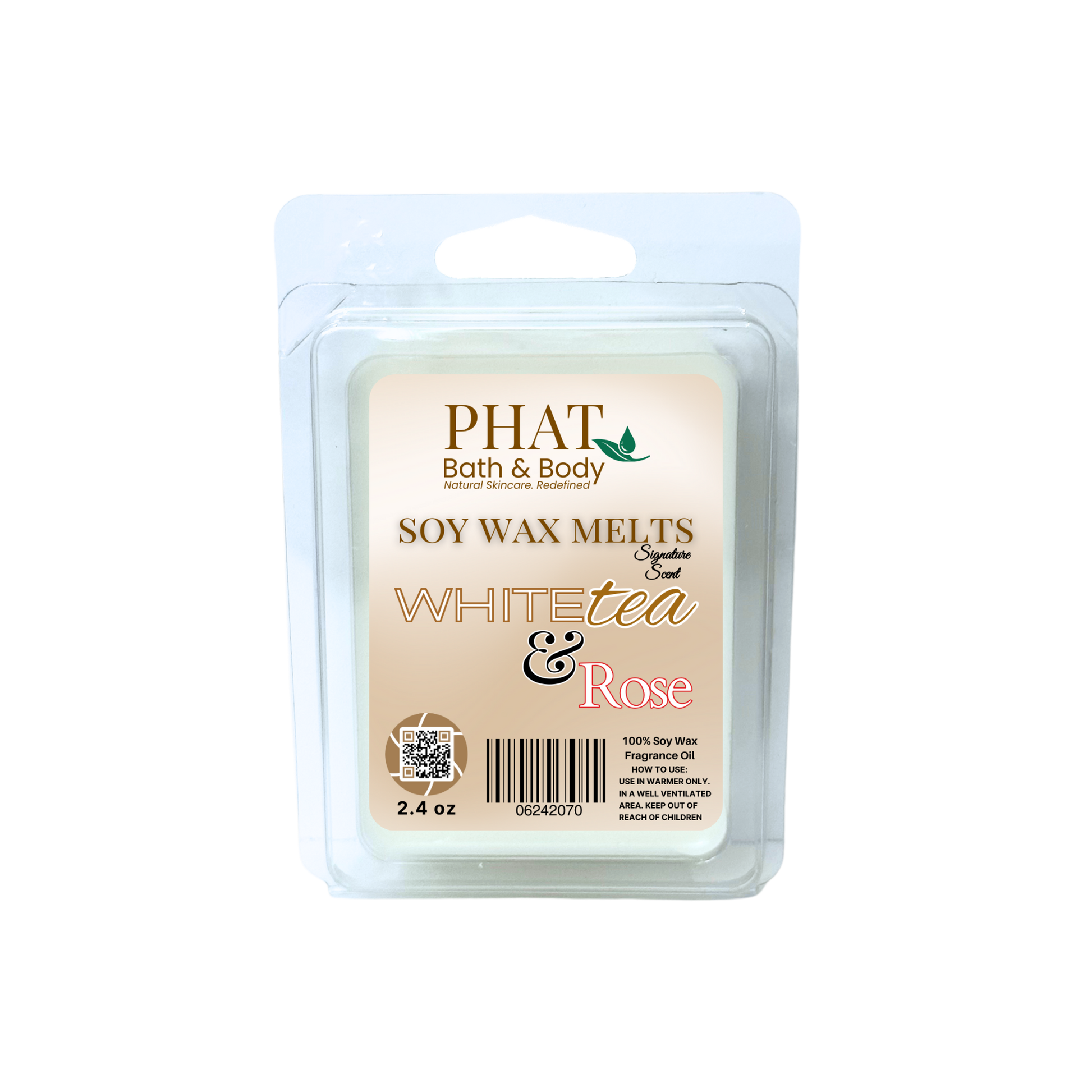 Phat Bath & Body soy wax melt packaging with 'White Tea & Rose' scent on a white background