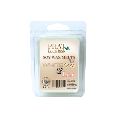 Phat Bath & Body soy wax melt packaging with 'White Tea & Rose' scent on a white background