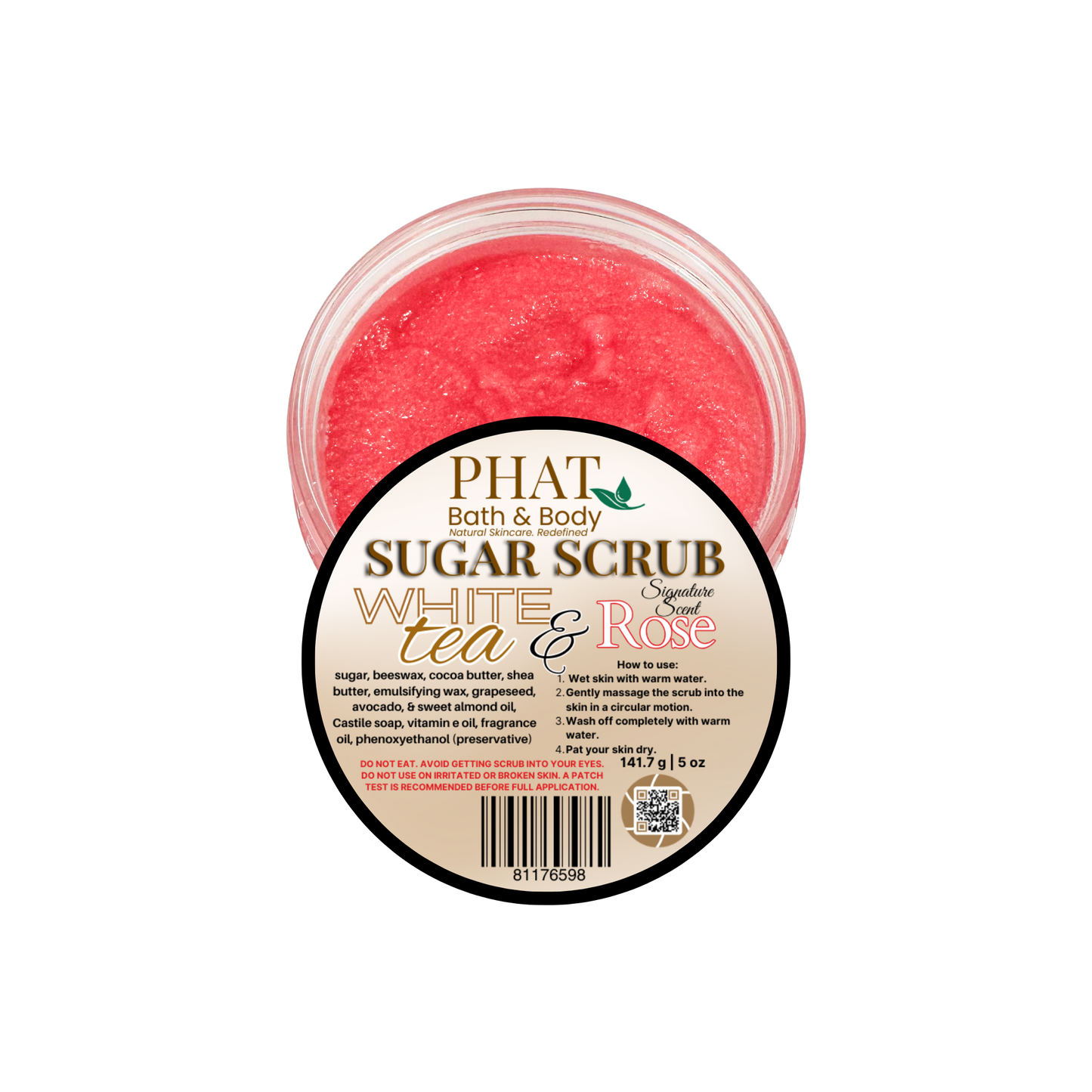 Jar of Phat Bath & Body sugar scrub with a white tea and rose scent on a white background
