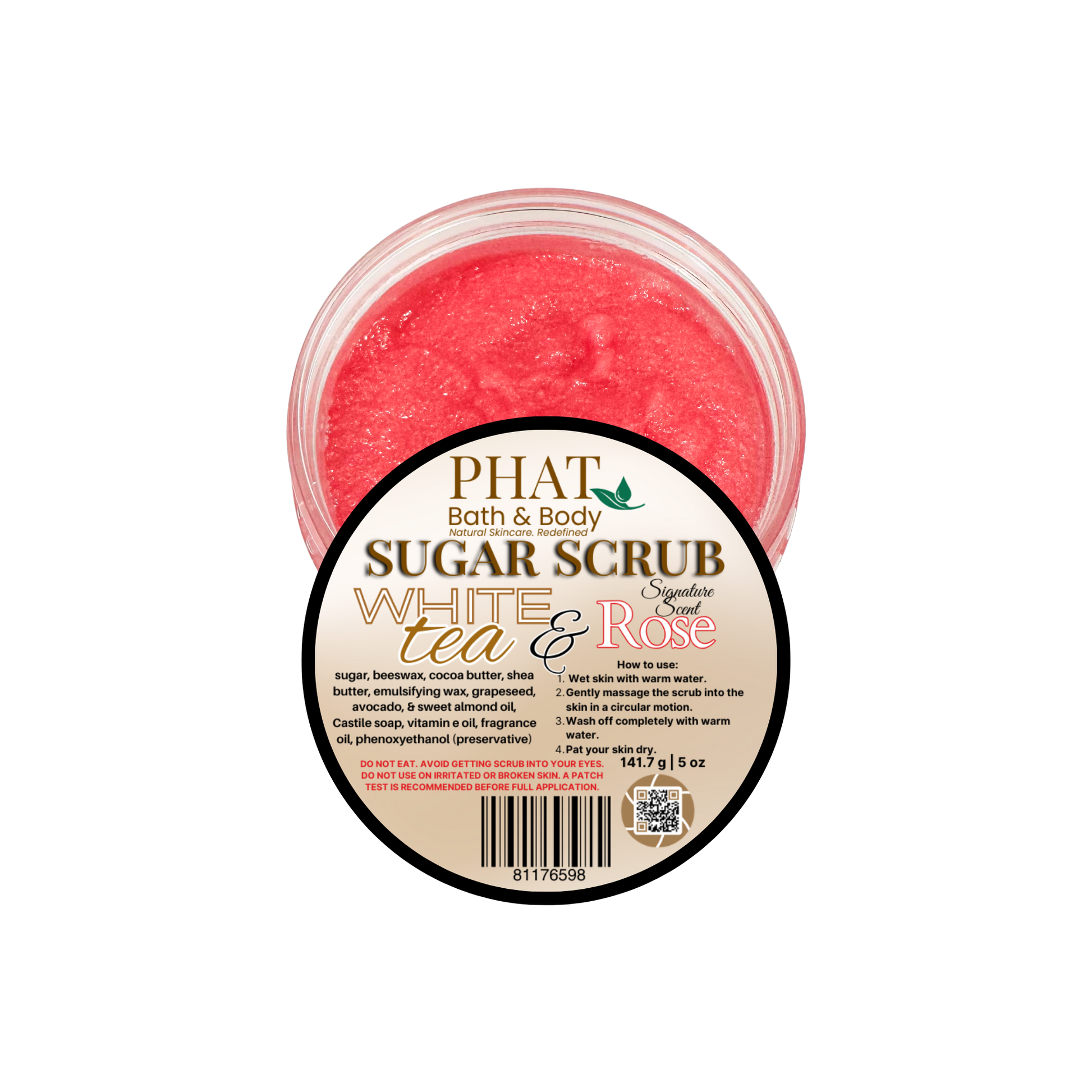 Jar of Phat Bath & Body sugar scrub with a white tea and rose scent on a white background