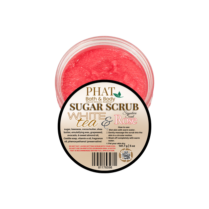 Jar of Phat Bath & Body sugar scrub with a white tea and rose scent on a white background