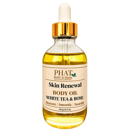 White Tea & Rose Skin Renewal Body Oil by Phat Bath & Body, presented in a clear 3.5 oz glass bottle with golden oil and a gold dropper cap.