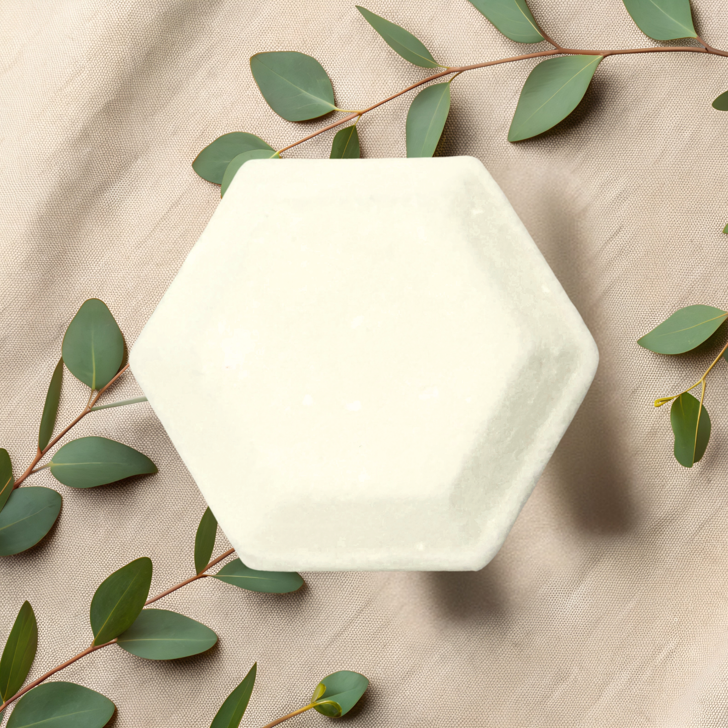 Hexagonal white steamer on a beige fabric background with green leaves