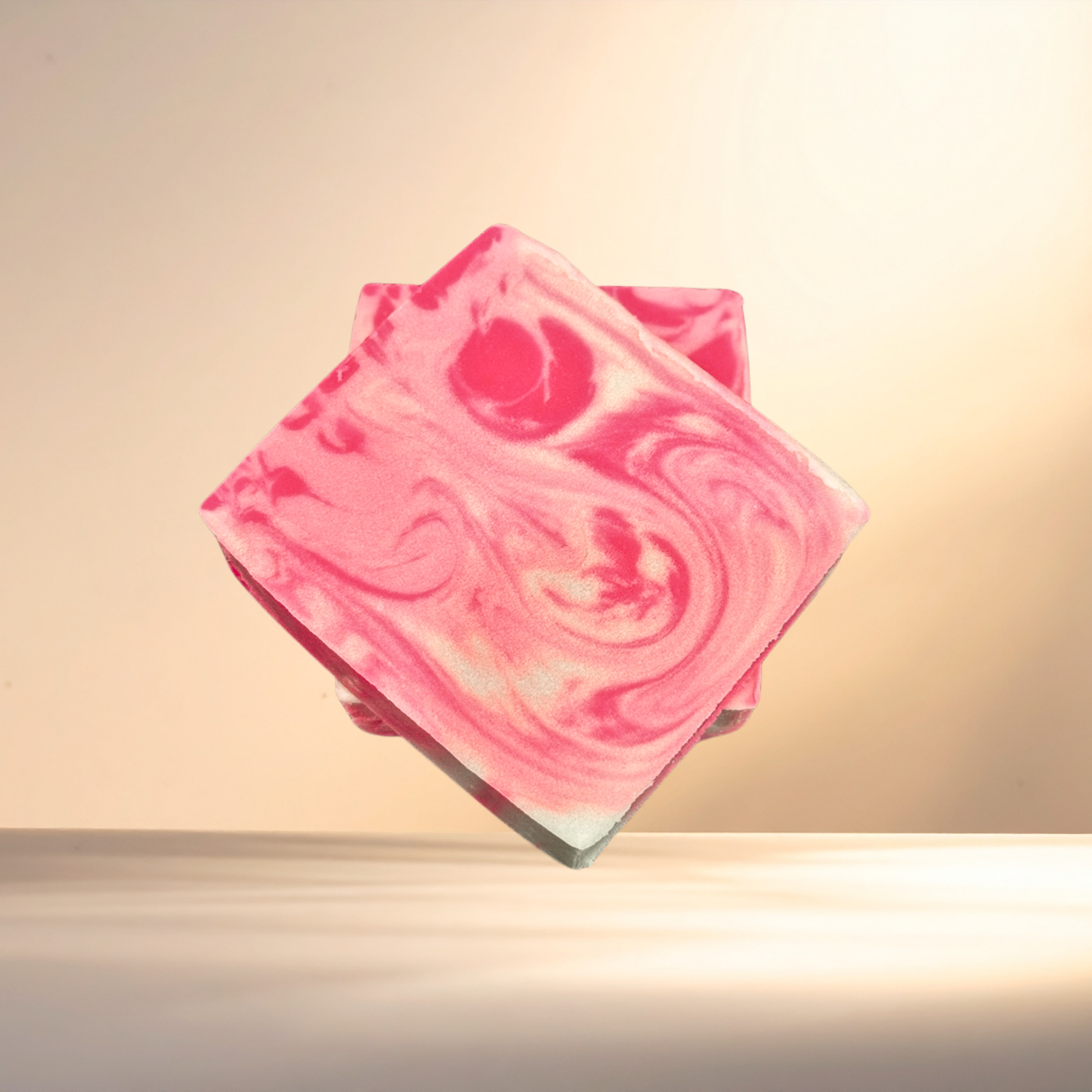 Pink and white marbled soap bars on a beige background