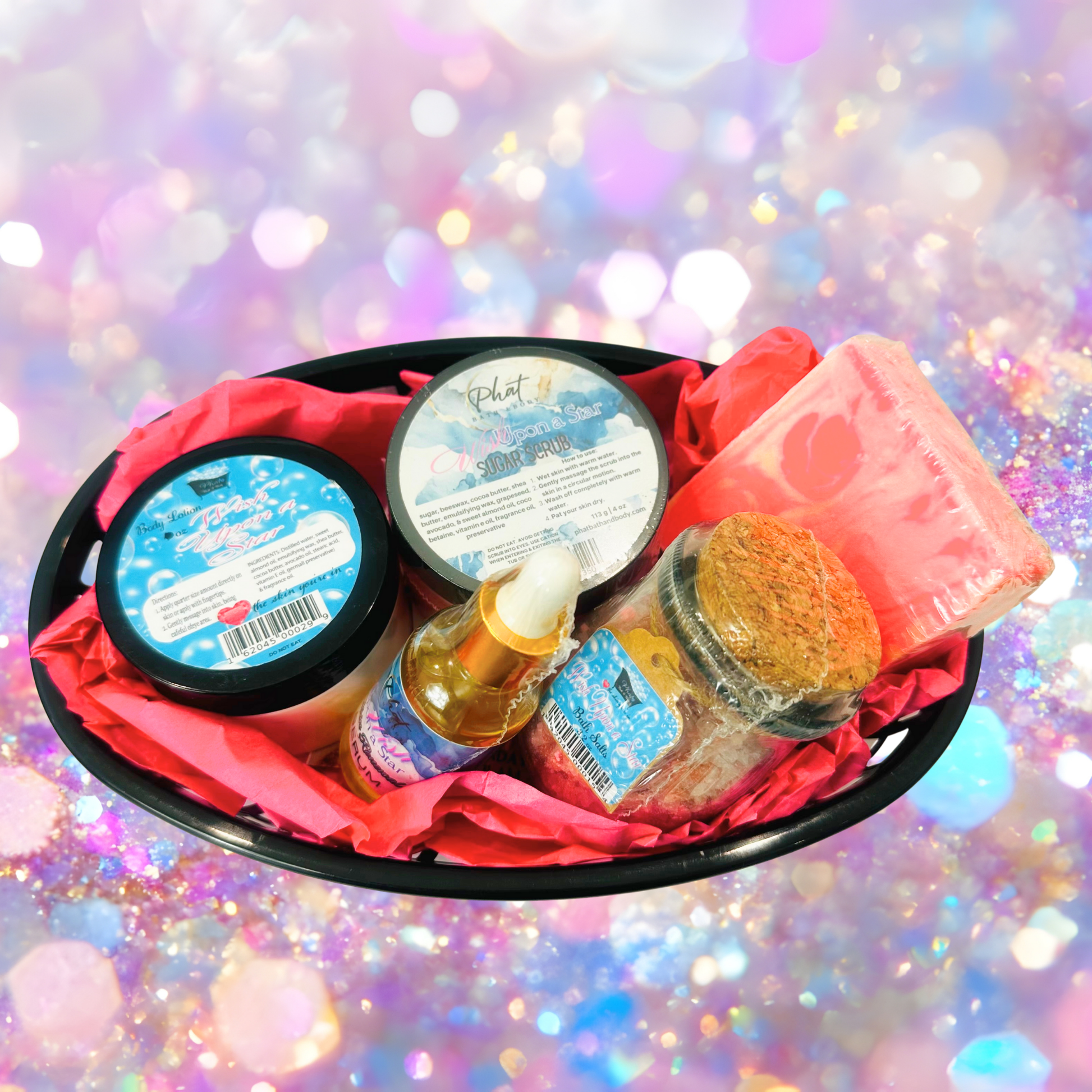 Bath product set including soaps and lotions on a colorful, blurred background