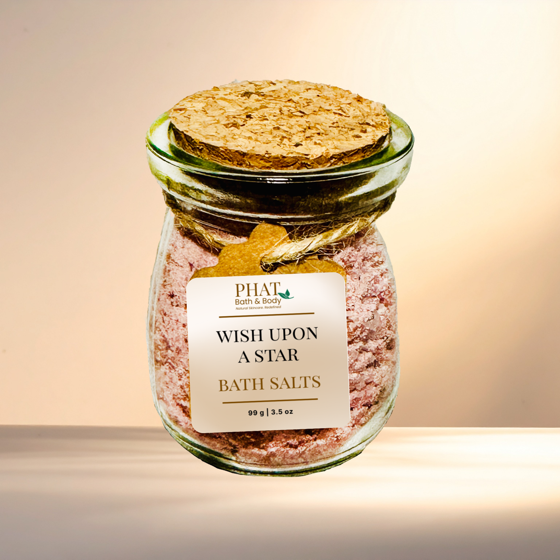 Jar of 'Wish Upon A Star' bath salts with a cork lid on a gradient background