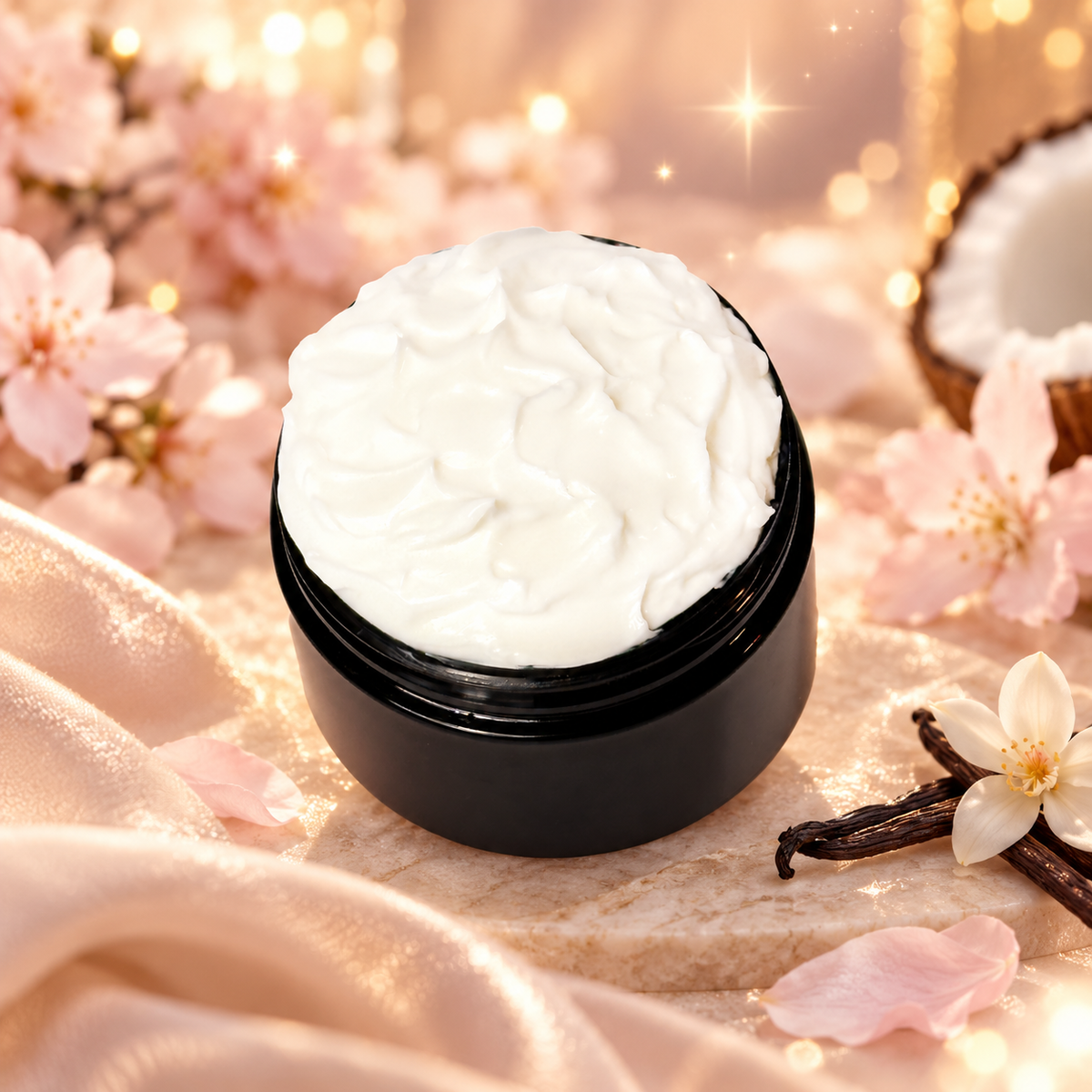 Open jar of Phat Bath & Body Wish Upon a Star Body Lotion with cherry blossom, vanilla, coconut and dreamy glowing accents.