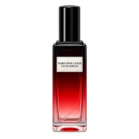Phat Bath & Body Wish Upon a Star Eau de Parfum in a tall clear glass bottle with black cap, warm tan label, and deep red-toned fragrance, shown as the main product image.