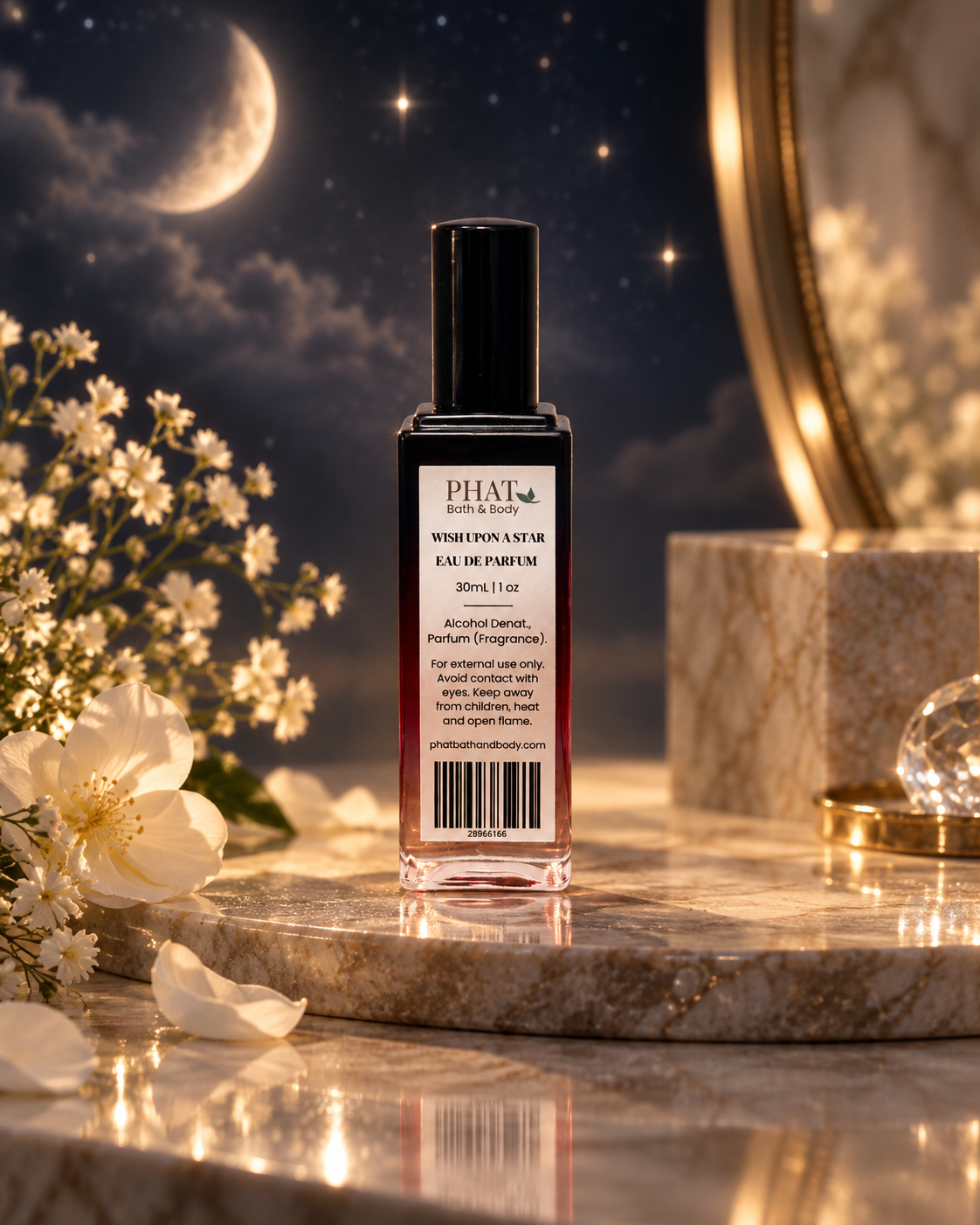 Back label of the Wish Upon a Star women’s Eau de Parfum bottle in a moonlit celestial setting.