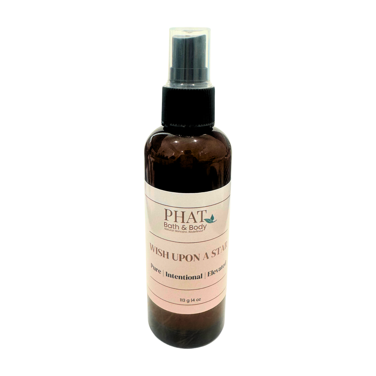 Brown spray bottle with a pink label on a white background