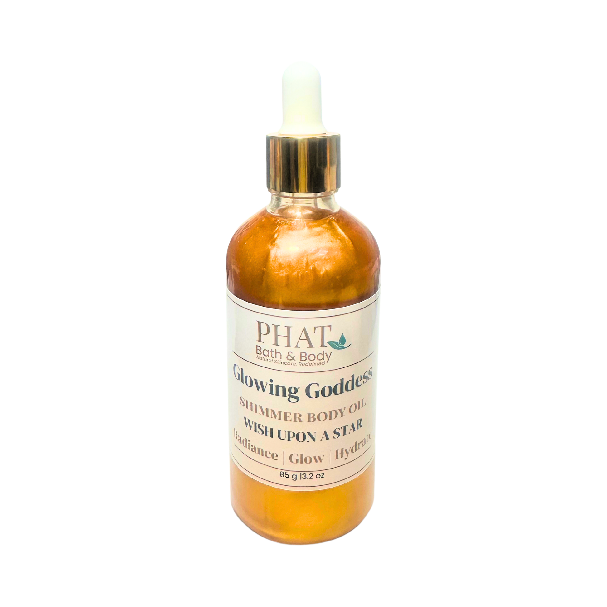 Orange bottle of 'Glowing Goddess' shimmer body oil by Phat Bath & Body on a white background