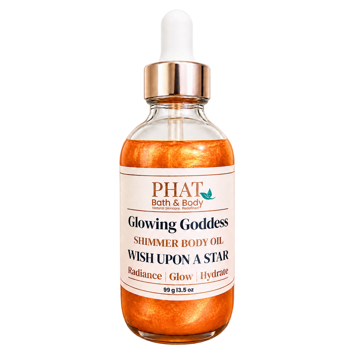 Phat Bath & Body Glowing Goddess Shimmer Body Oil in Wish Upon a Star, 3.5 oz glass dropper bottle with luminous golden shimmer oil.