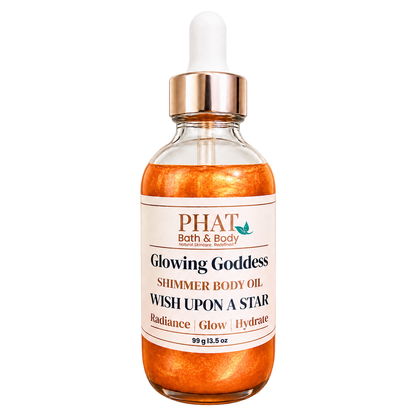 Phat Bath & Body Glowing Goddess Shimmer Body Oil in Wish Upon a Star, 3.5 oz glass dropper bottle with luminous golden shimmer oil.