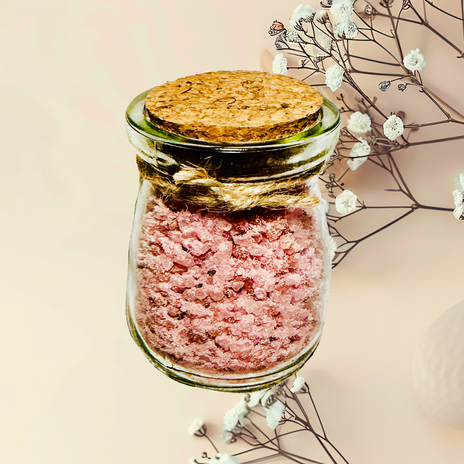 Glass jar with pink bath salts and cork lid on a light background with flowers.