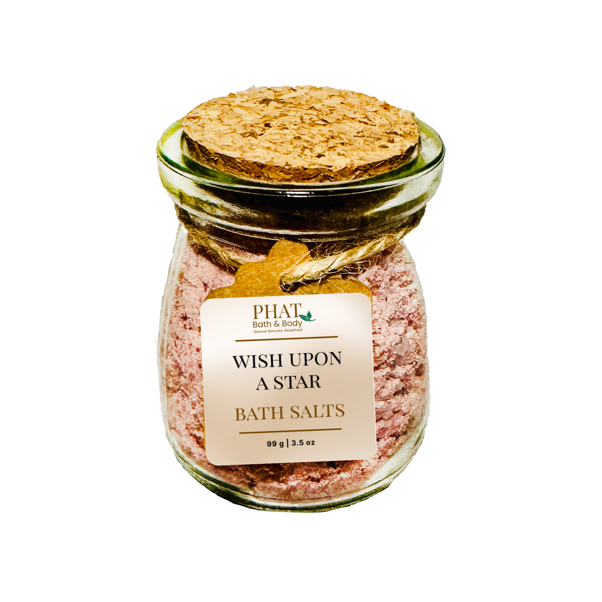 Jar of 'Wish Upon A Star' bath salts with a cork lid on a white background