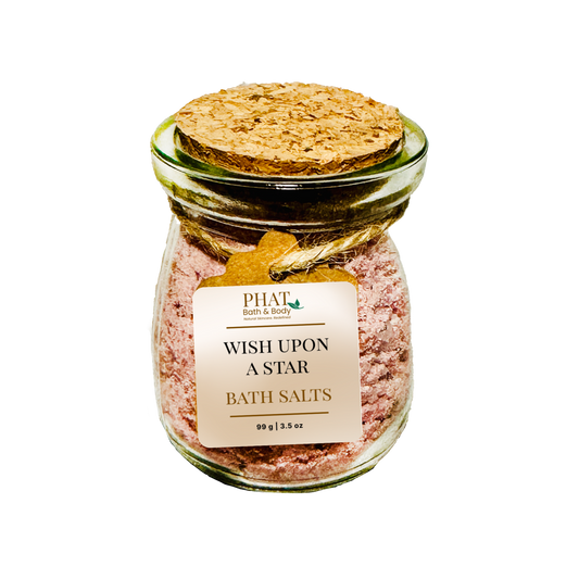 Jar of 'Wish Upon A Star' bath salts with a cork lid on a white background