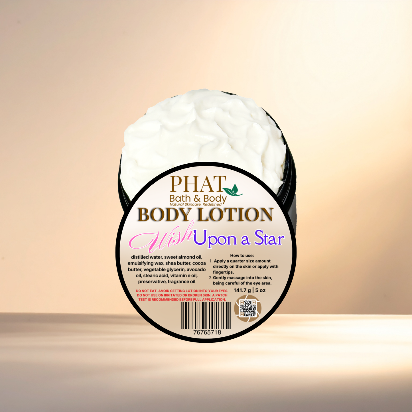 Body lotion container with 'Phat Bath & Body' label on a gradient background