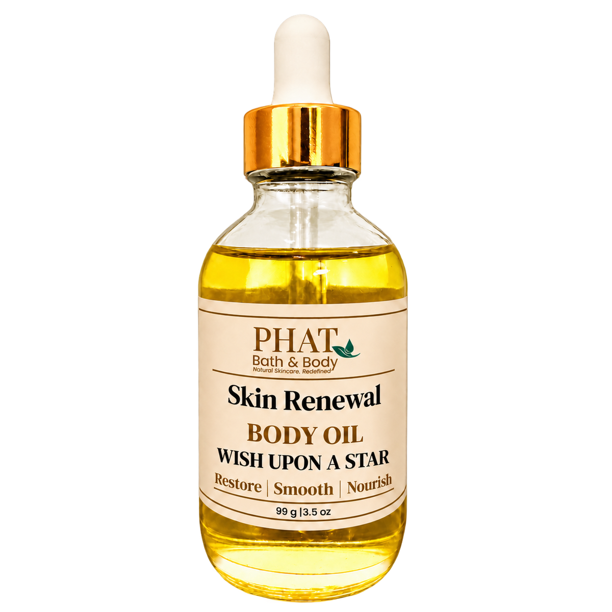Phat Bath & Body Wish Upon a Star Skin Renewal Body Oil in a clear glass dropper bottle with a cream label and rich golden oil.