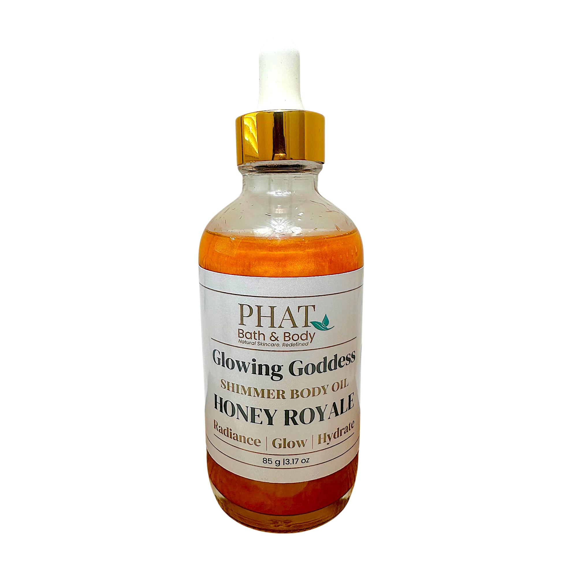 Phat Bath & Body Honey Royale shimmering body oil in a glass bottle with a gold cap for radiant hydrated skin