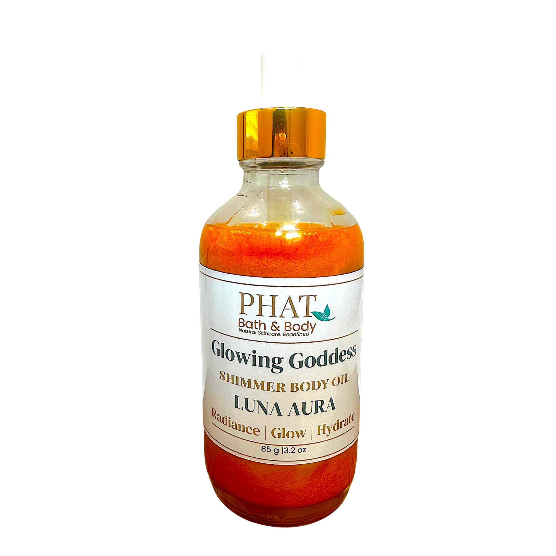 Phat Bath & Body Luna Aura Glowing Goddess shimmer body oil in a glass dropper bottle with gold cap