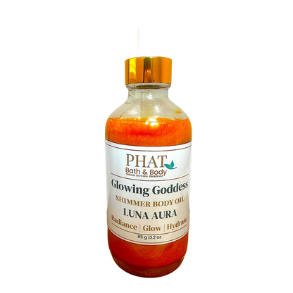 Phat Bath & Body Luna Aura Glowing Goddess shimmer body oil in a glass dropper bottle with gold cap