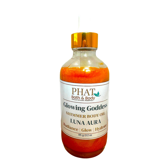 Phat Bath & Body Luna Aura Glowing Goddess shimmer body oil in a glass dropper bottle with gold cap
