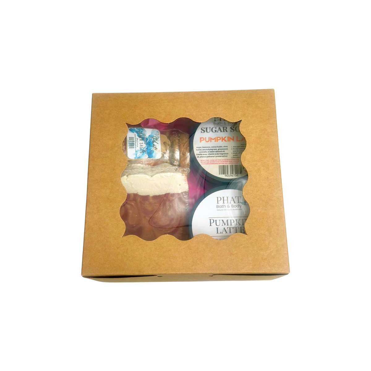 Pumpkin Latte Holiday Bundle Gift Box from Phat Bath & Body featuring body lotion, sugar scrub, bar soap and bath salts in a warm pumpkin spice and coffee fragrance.