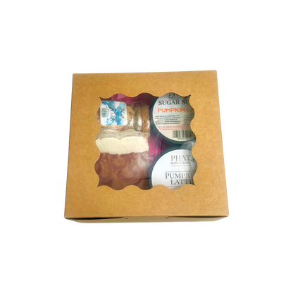 Pumpkin Latte Holiday Bundle Gift Box from Phat Bath & Body featuring body lotion, sugar scrub, bar soap and bath salts in a warm pumpkin spice and coffee fragrance.
