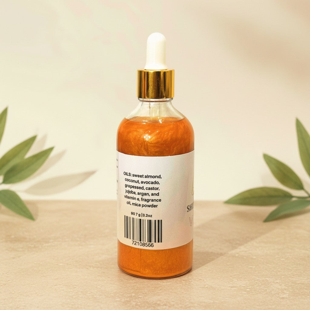 Phat Bath & Body Coco Cashmere shimmer body oil in a glass dropper bottle with gold cap on a neutral surface.