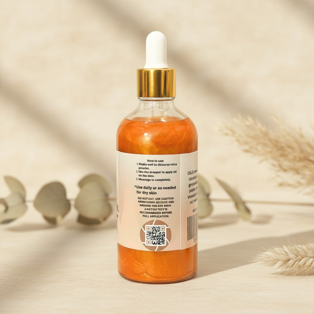 Phat Bath & Body Coco Cashmere Glowing Goddess shimmer body oil in a glass dropper bottle with gold cap