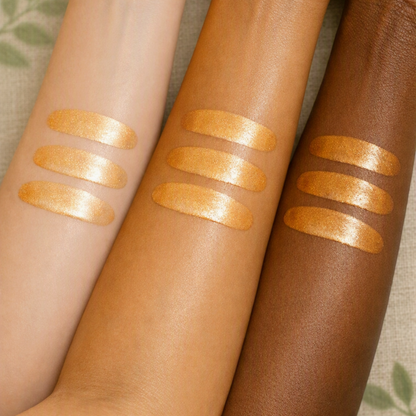 Golden shimmer body oil shown on multiple skin tones to demonstrate its luminous finish.